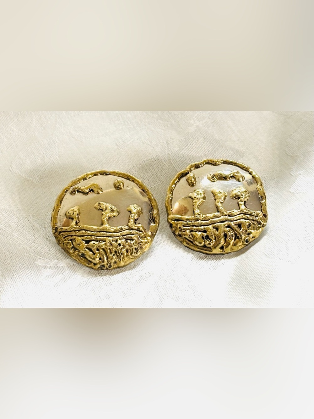 Vintage Brass Silver Tone Textured Pierced Earrings Modernist Brutalist Mexico